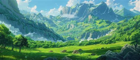 Illustration Of An Anime Mountain Landscape With Green Meadows And Blue