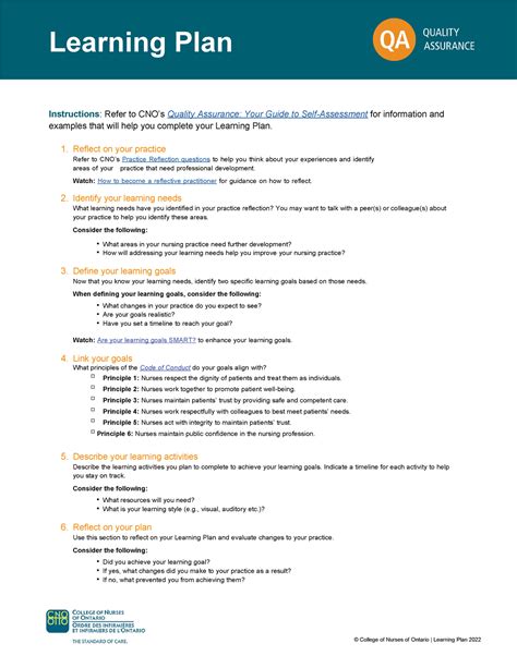 Learning Plan CNO Quality Assurance Learning Plan Instructions