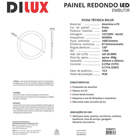 Painel Led Redondo De Embutir W Bivolt K Preto Dilux