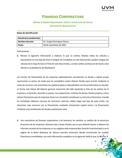 Actividad 5 Finanzas Corporativas Riesgo Rendimiento FINANZAS