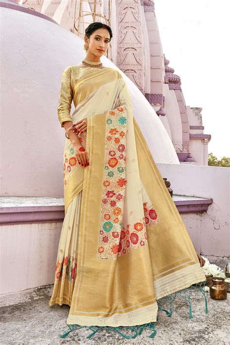 Off White Soft Silk Jacquard Woven Saree With Blouse Brithika Luxury