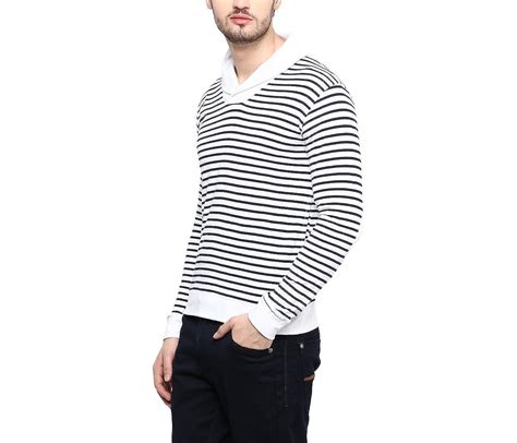 Buy Hypernation Blue And White Stripe Shawl Collar Cotton T Shirt For