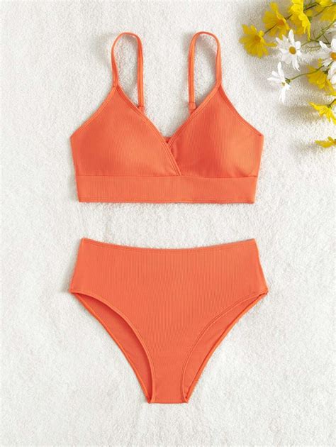 Teen Girls Solid Surplice Neck Bikini Swimsuit SHEIN UK