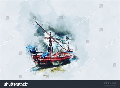 Fishing Boat On White Background Digital Stock Illustration 488418835 ...