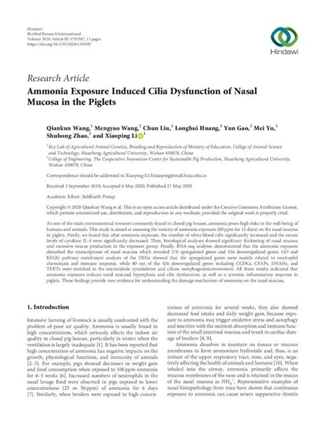 Pdf Ammonia Exposure Induced Cilia Dysfunction Of Nasal Mucosa