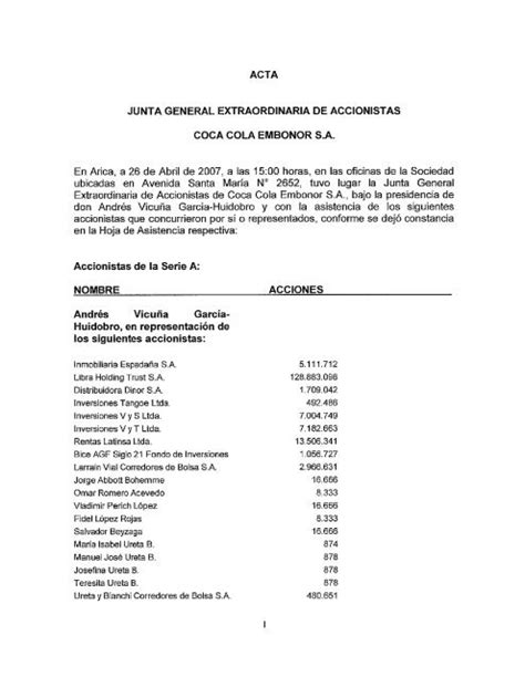 Acta Junta General Extraordinaria De Accionistas Coca Cola Embonor Sa