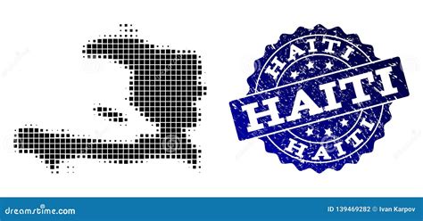 Collage Of Halftone Dotted Map Of Haiti And Grunge Stamp Watermark