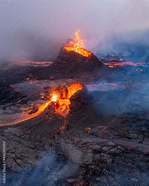 Crater Spewing Lava At Geldingadalur Volcanic Eruption In Iceland