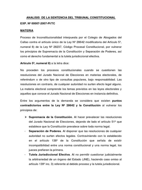 Analisis De La Sentencia Del Tribunal Constitucional Pdf Derecho Constitucional Constitución