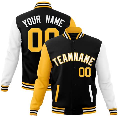 Custom Black White Yellow Raglan Sleeves Varsity Full Snap Letterman J