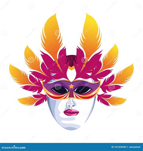 Masquerade Mask With Colorful Feathers Colorful Flat Design Stock