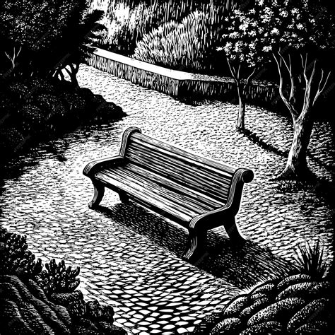 Premium Vector | A black and white painting of a park bench with a ...