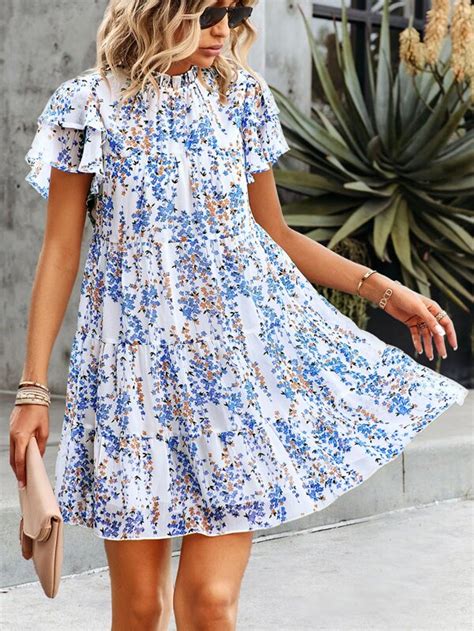 SHEIN Frenchy Vestido Smock Con Estampado Floral De Cuello Alto De