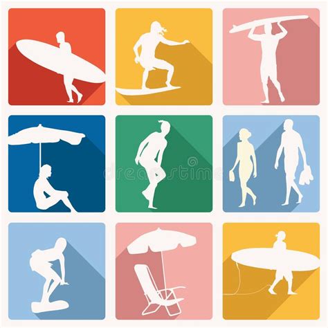 Beach Life Vector Illustration Beach People Surfers On Bright Backgrounds Stock Vector