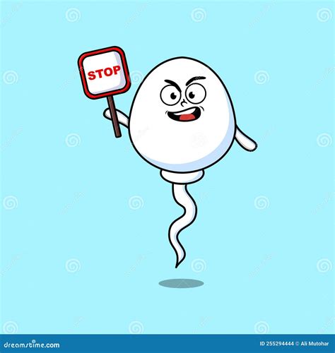 Cute Cartoon Mascot Sperm With Stop Sign Board Stock Vector