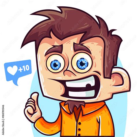 Cute Happy And Funny Cartoon Boy With Blue Eyes Show A Big Finger