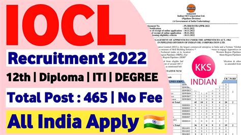 IOCL Recruitment 2022 For All State Total Post 465 Pipelines