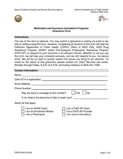 Form Cdph8542 Download Fillable Pdf Or Fill Online Grievance Form Medication And Insurance