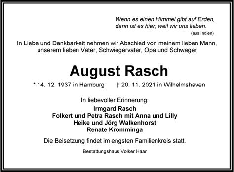 Traueranzeigen Von August Rasch Nordwest Trauer De