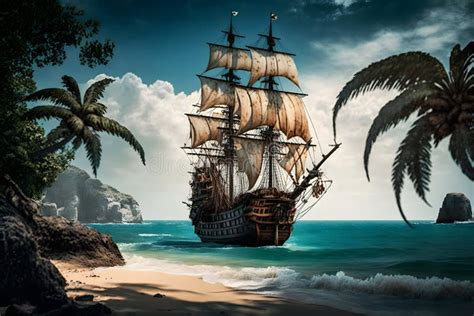 Pirate Ship at the Open Sea Close To Rocks and Small Island with Palms ...