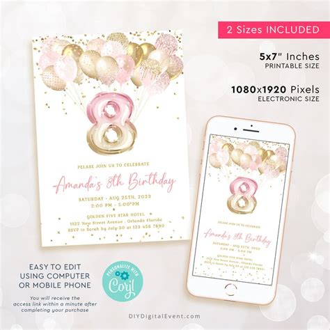 Editable 8th Birthday Invitation Template Gold Pink Glittery Etsy