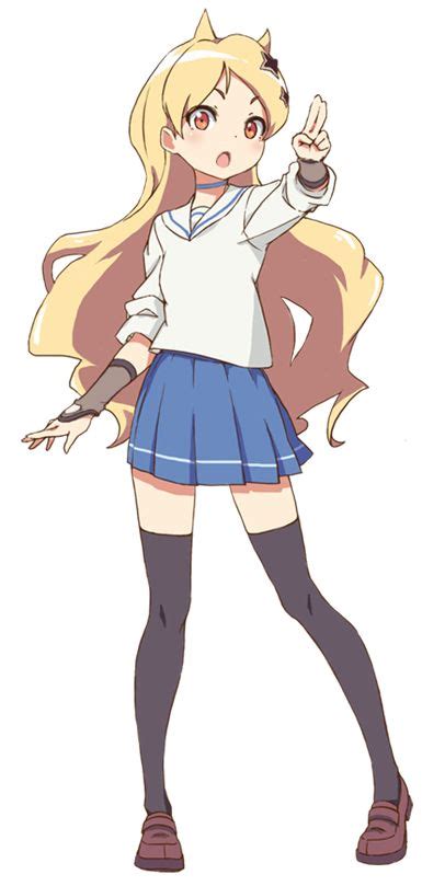 An Anime Character With Long Blonde Hair Wearing A Skirt And White Shirt Holding Her Hand Up