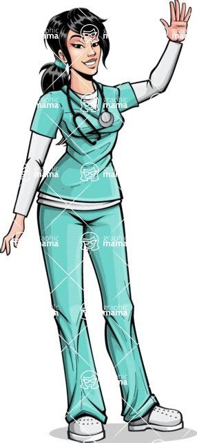 Pop Art Style Female Nurse Cartoon Character Waving With A Smile