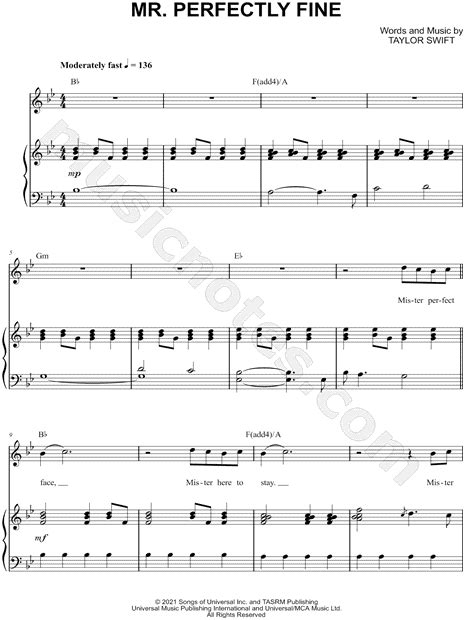 Taylor Swift Mr Perfectly Fine Sheet Music In Bb Major Transposable