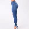 High Waist Blue Skinny Jeans With Ripped Holes And Cropped Jeggings