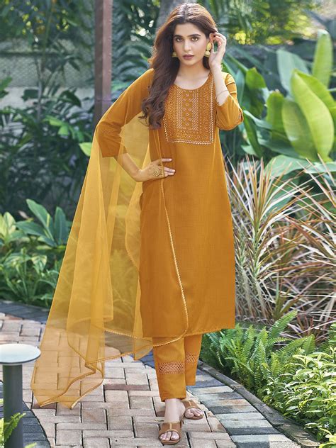 Buy KALINI Floral Embroidered Sequinned Straight Kurta With Trousers