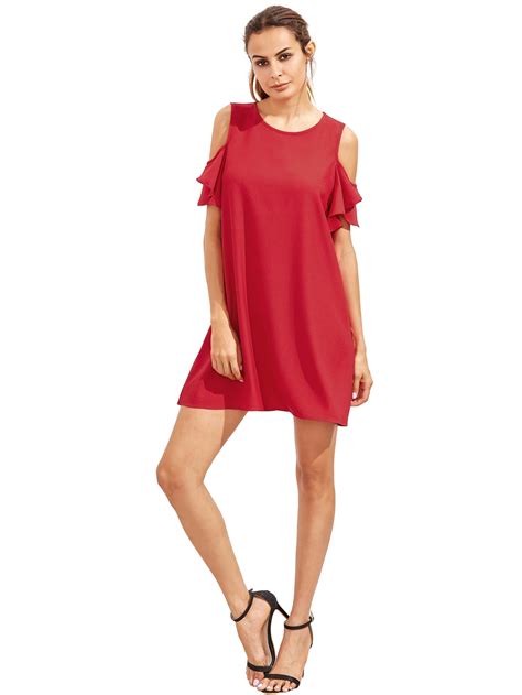 Burgundy Cold Shoulder Ruffle Sleeves Shift Dress Shein Sheinside