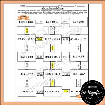 Adding Decimals Maze 1 By No Negatives Teaching TPT