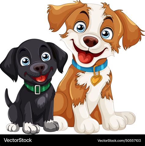 Two cheerful dogs sitting together smiling Vector Image