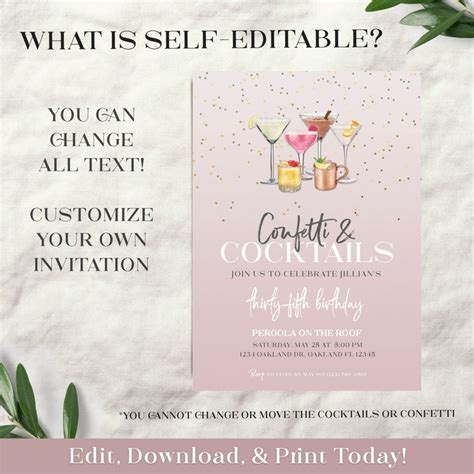 Editable Watercolor Birthday Invitation Cocktails And Confetti Etsy