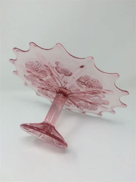 Vintage Pink Depression Glass Cake Stand Pedestal Plate Paneled Thistle