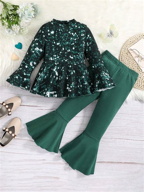 Shein Young Girl Sequin Effect Print Flare Sleeve Peplum Top And Flare