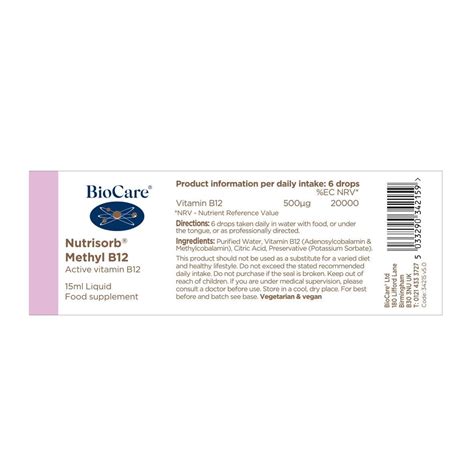 Biocare Nutrisorb® Liquid Methyl B12 15ml Down To Earth Healthfood Store