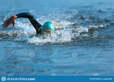 Professional Triathlete Swimming In River S Open Water Man Wearing