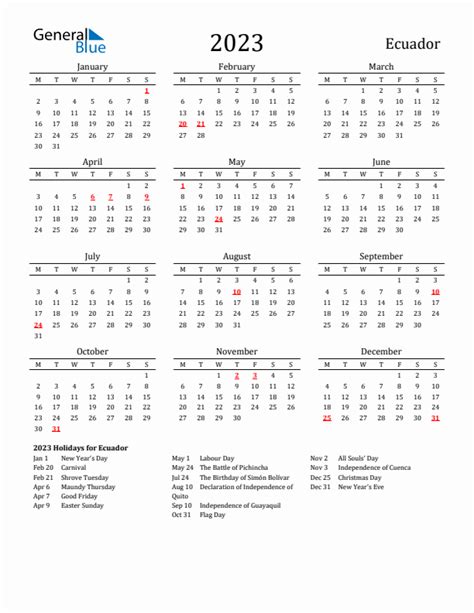 2023 Ecuador Calendar With Holidays