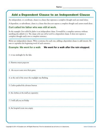 Independent And Dependent Clauses Worksheets