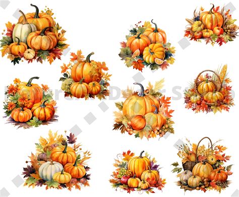 Pumpkin With Autumn Vibes PNG Bundle 50pc Watercolor Autumn Etsy