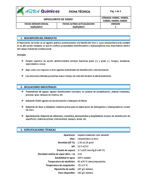 Ficha Tecnica Hipoclorito De Sodio Pdf Cloro Compuestos Químicos