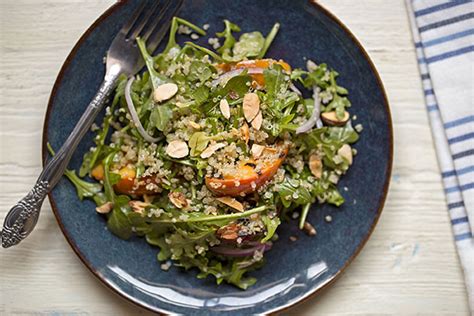 Arugula Salad With Grilled Peaches Almonds And Quinoa