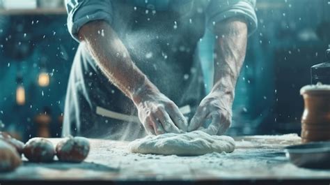 Premium Photo A Person Vigorously Kneading Dough On A Floured Wooden