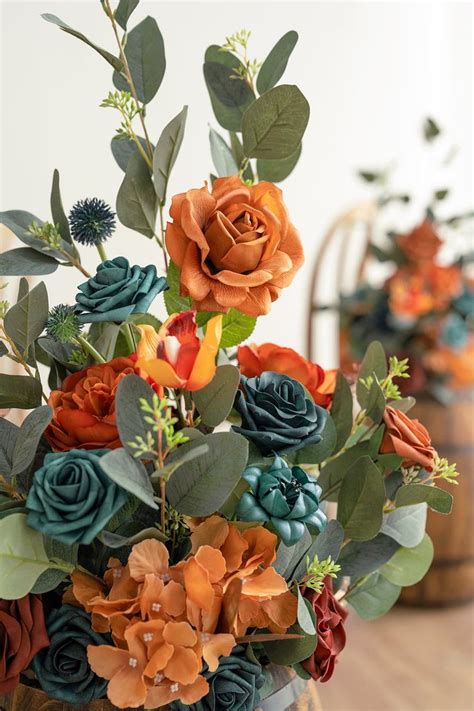 Free Standing Flower Arrangements In Dark Teal Burnt Orange