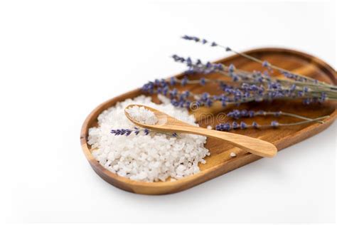 Sea Salt Heap Lavender And Spoon On Wooden Tray Stock Image Image Of