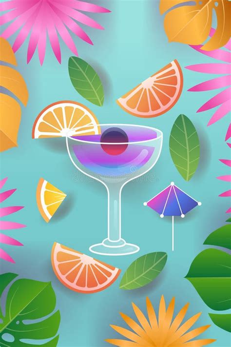 Tropical Cocktail Glass With Fruit Slices Leaves And Umbrella On Blue