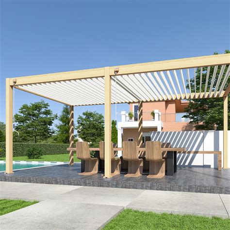 Pergola Bioclimatique Aspect Bois Et Lames Blanches Chalet Jardin