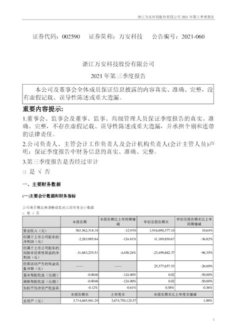 万安科技：2021年第三季度报告