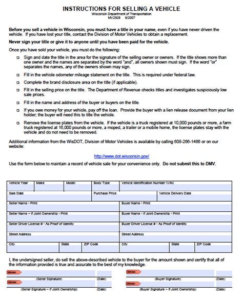 Free Wisconsin Dmv Vehicle Bill Of Sale Form Pdf Word Doc